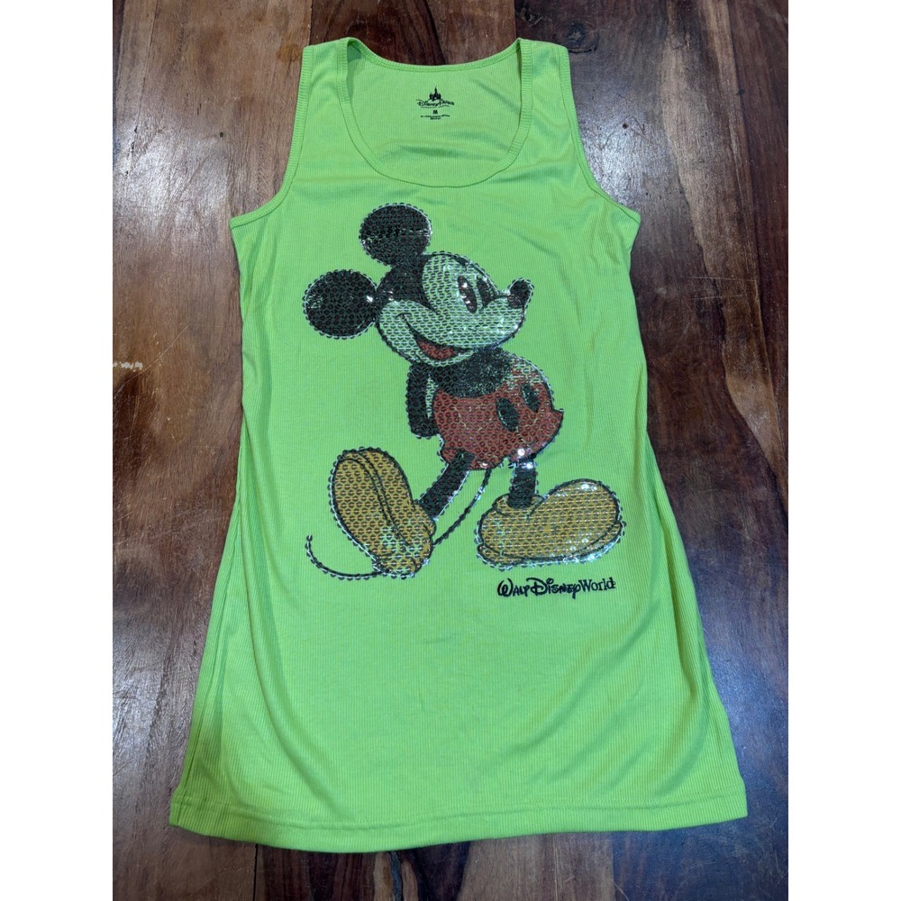 Disney Parks tank top womens Medium lime green Mickey Mouse sequin ribbed summer